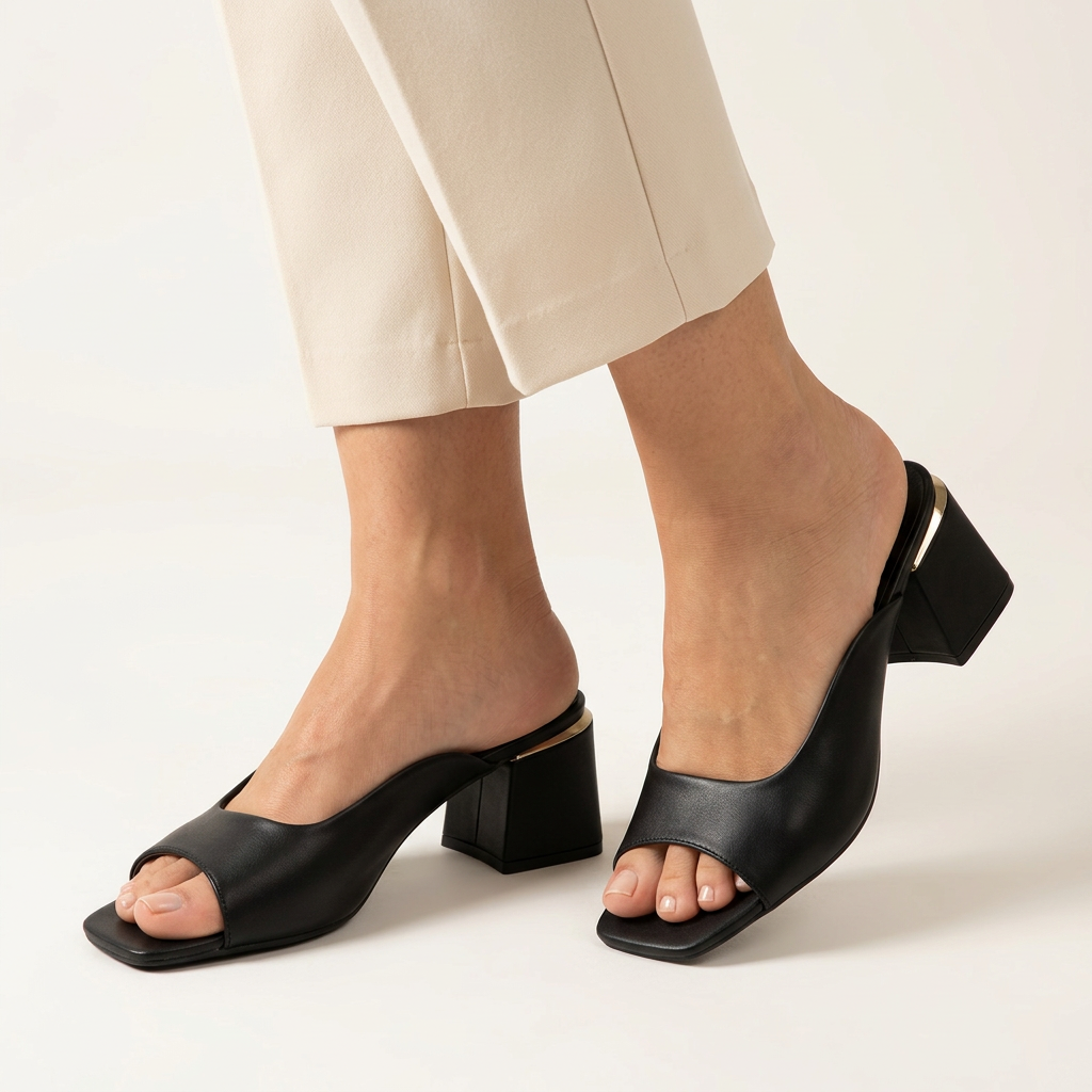 Acercamiento de sandalias negras con modelo