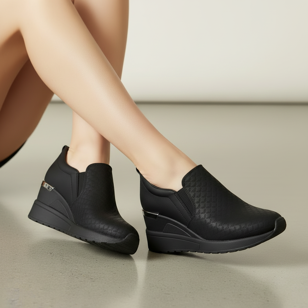 Enfoque pies zapatilla negra cuña pose alternativa