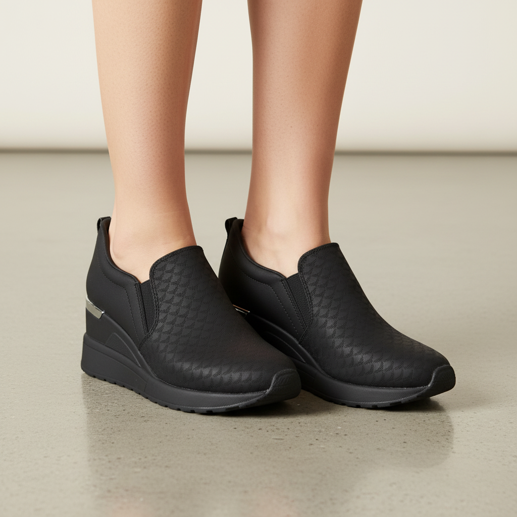 Enfoque pies zapatilla negra cuña slip-on