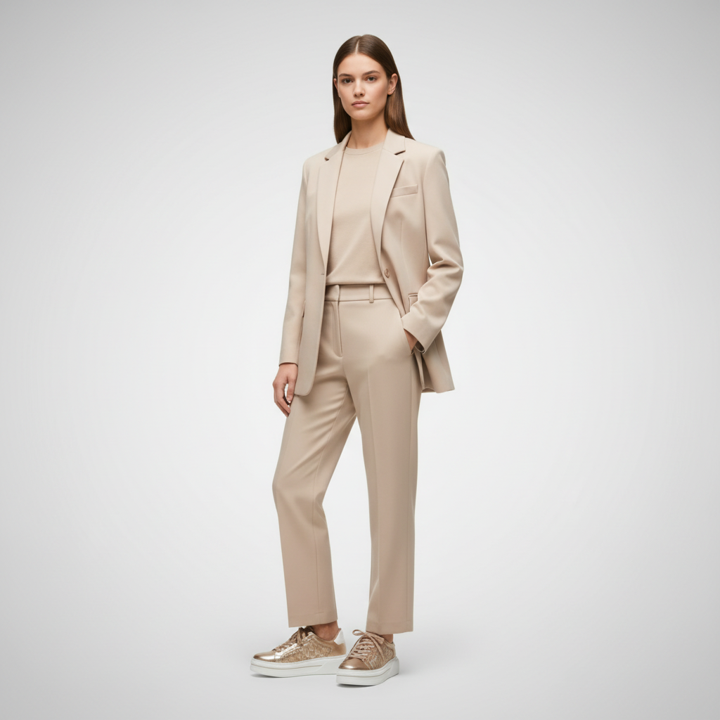 Modelo completo zapatilla dorada suela blanca limpia
