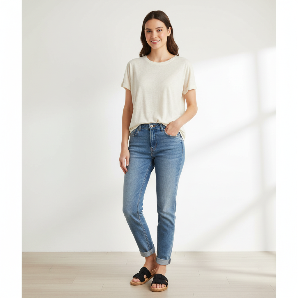 Modelo femenina con outfit casual y sandalias Moleca negras
