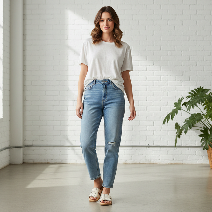 Modelo femenina cuerpo entero con outfit casual y sandalias Moleca blanco off