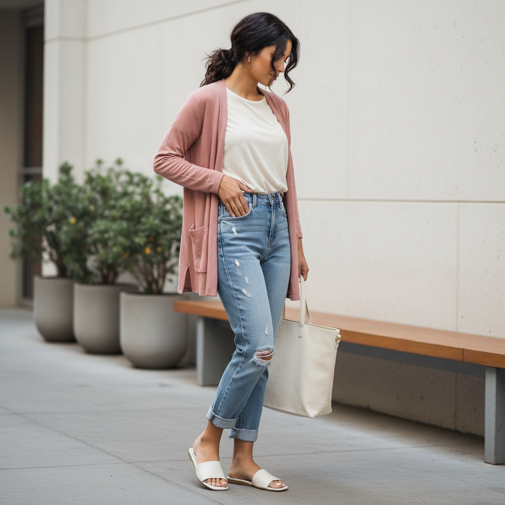 Modelo femenina cuerpo entero con outfit casual y sandalias Moleca blanco off
