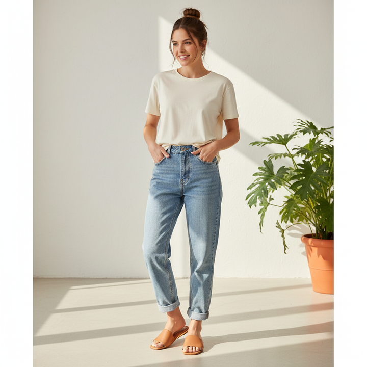 Modelo femenina cuerpo entero con outfit casual y sandalias Moleca camel