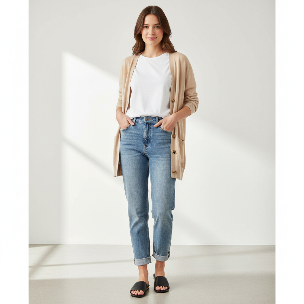 Modelo femenina cuerpo entero con outfit casual y sandalias Moleca negras
