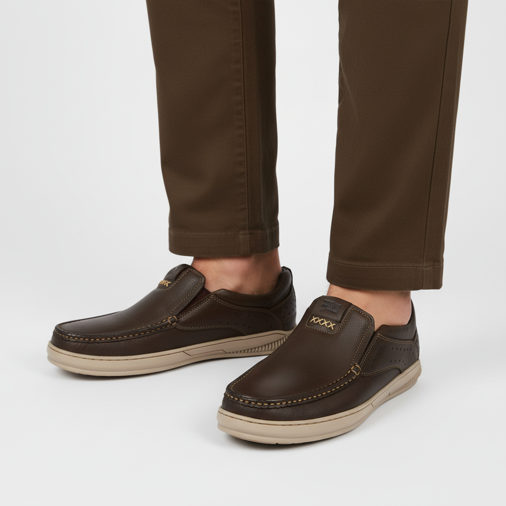 Modelo masculino con mocasines Calimod marrón oscuro