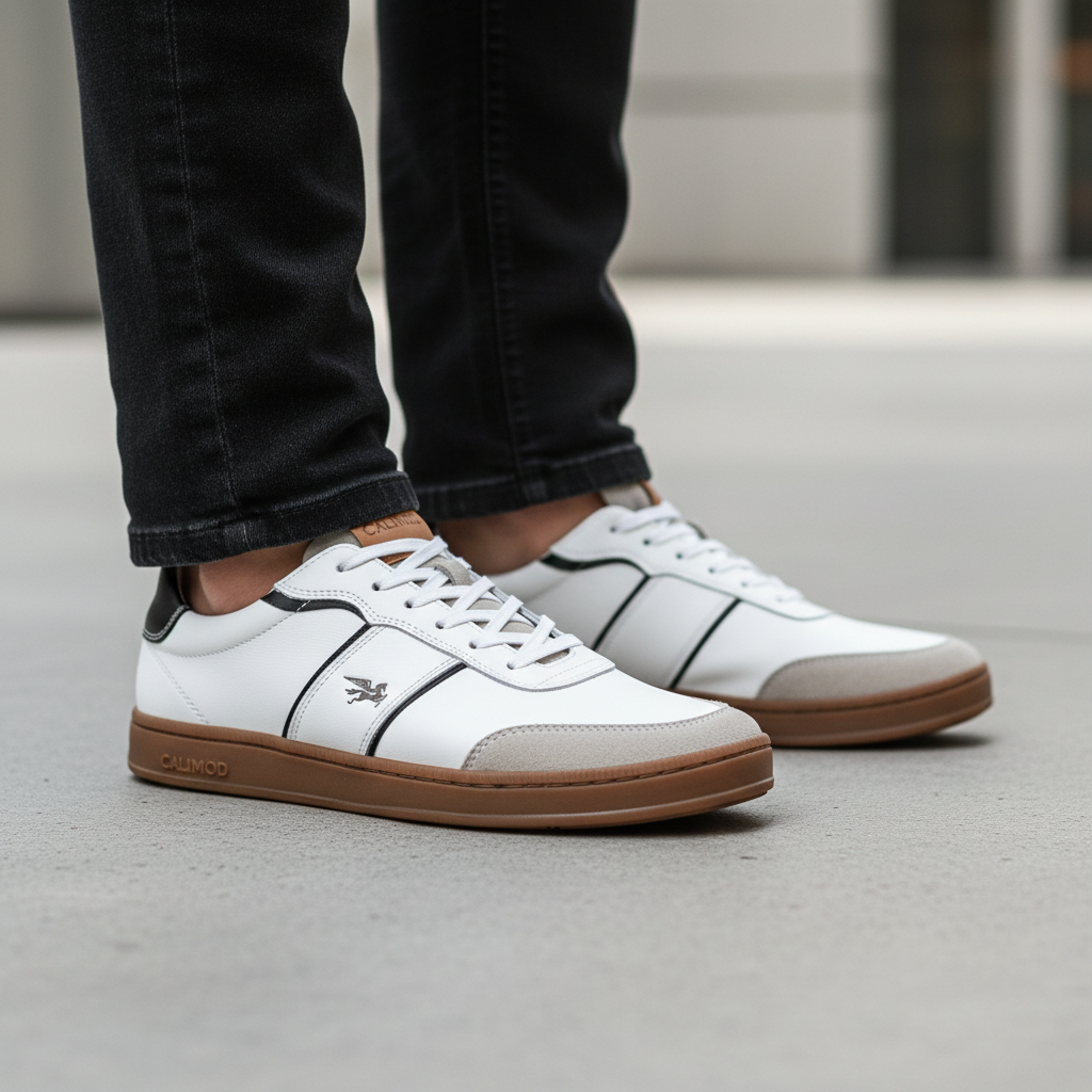Zapatilla Calimod UIS001 Cuero Blanco - Con modelo 3/4